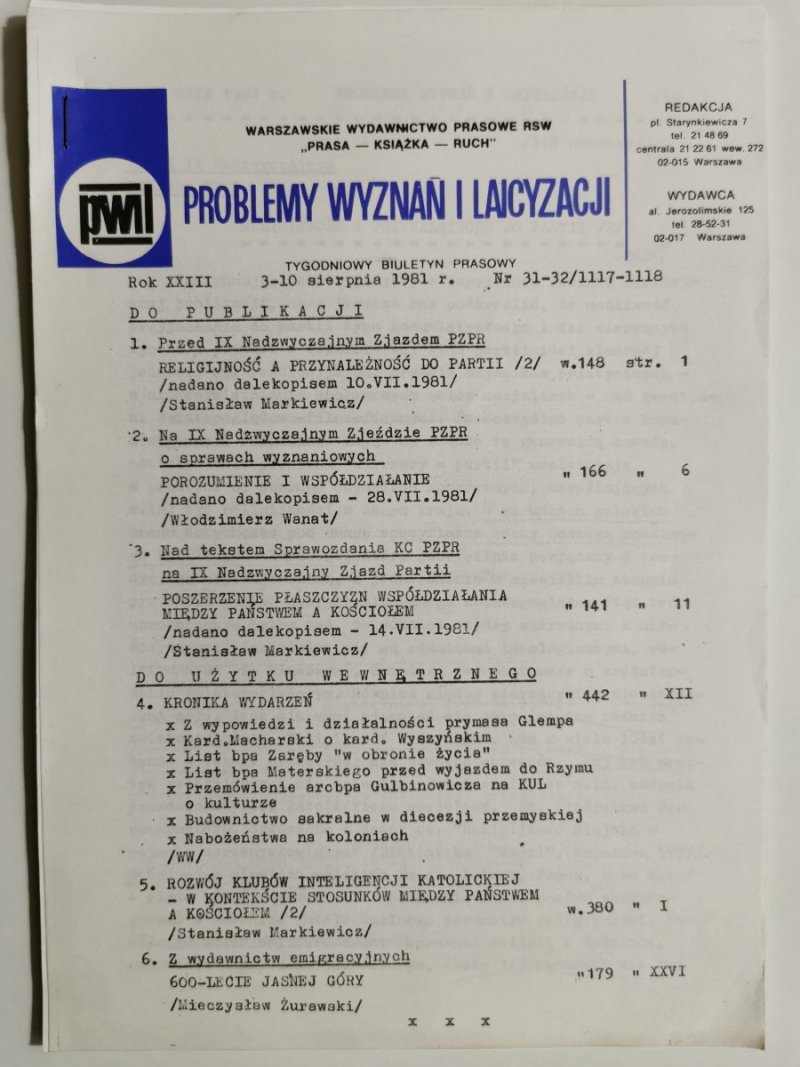 PROBLEMY WYZNAŃ I LAICYZACJI 3-10 SIERPNIA 1981r. Nr 31-32/1117-1118