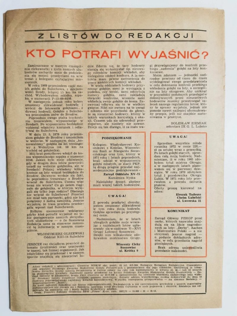 HODOWCA GOŁĘBI POCZTOWYCH NR 7  1972