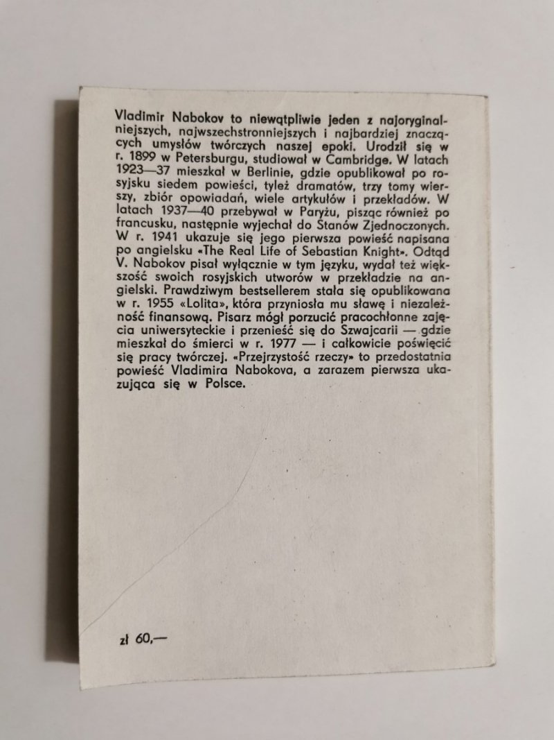 PRZEJRZYSTOŚĆ RZECZY - Vladimir Nabokov 1982