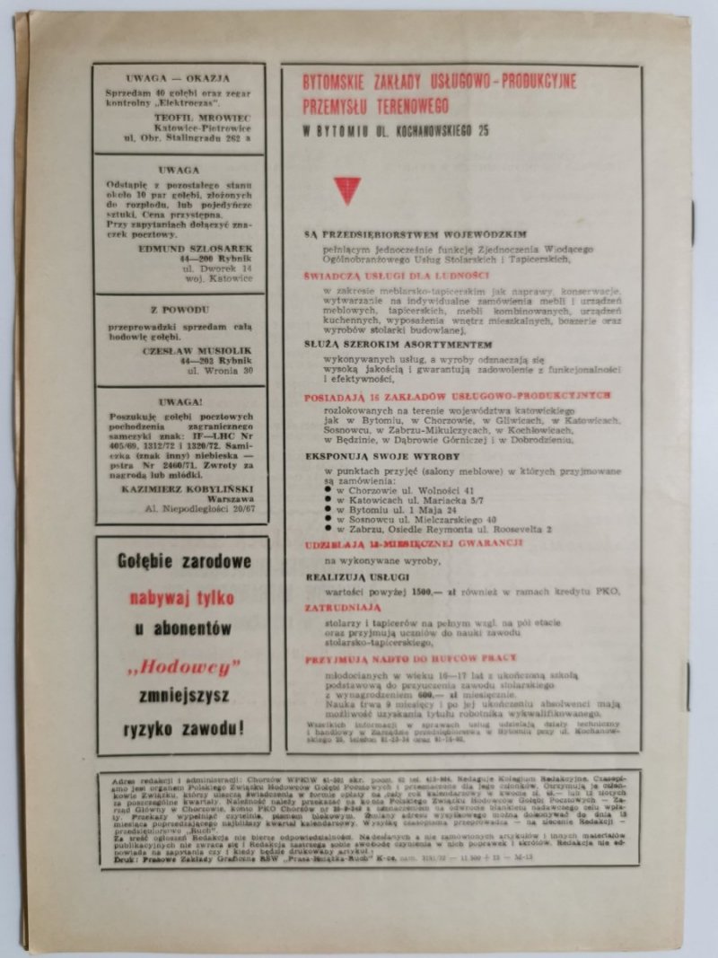 HODOWCA GOŁĘBI POCZTOWYCH NR 10  1973