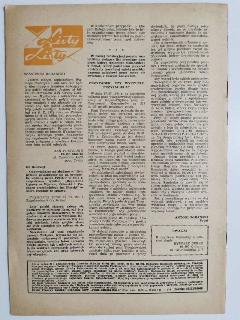 HODOWCA GOŁĘBI POCZTOWYCH NR 2 1975