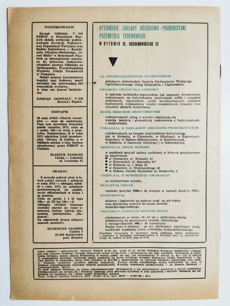 HODOWCA GOŁĘBI POCZTOWYCH NR 4 1973