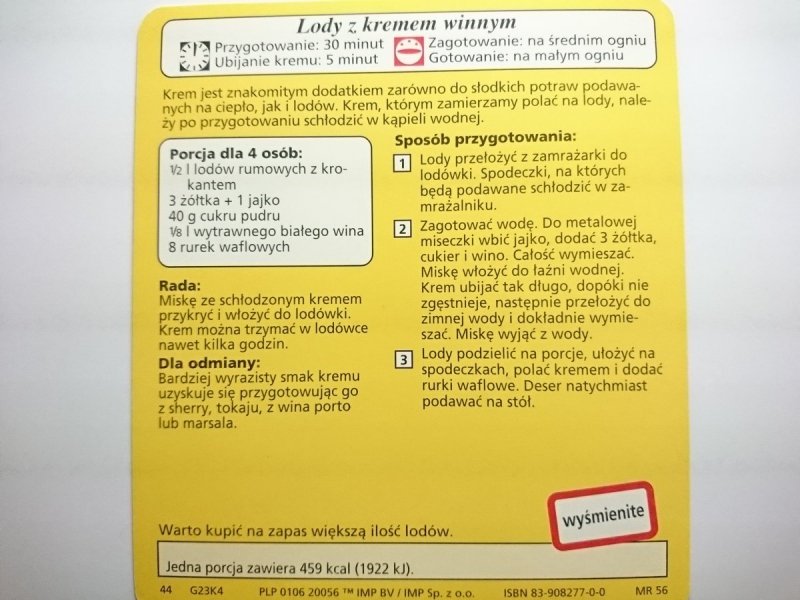 KARTA KULINARNA NR 4 LODY Z KREMEM WINNYM