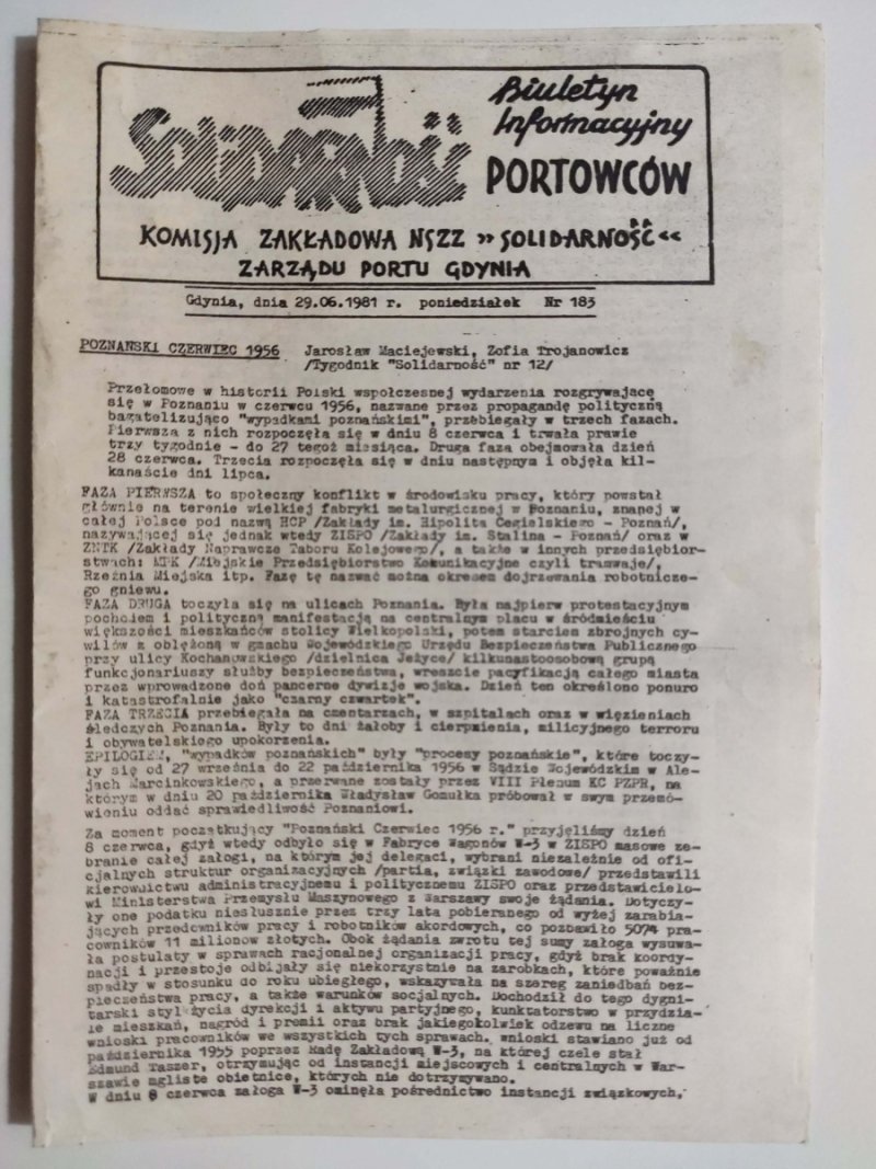 BIULETYN INFORMACYJNY PORTOWCÓW NR 183 – 29.06.1981