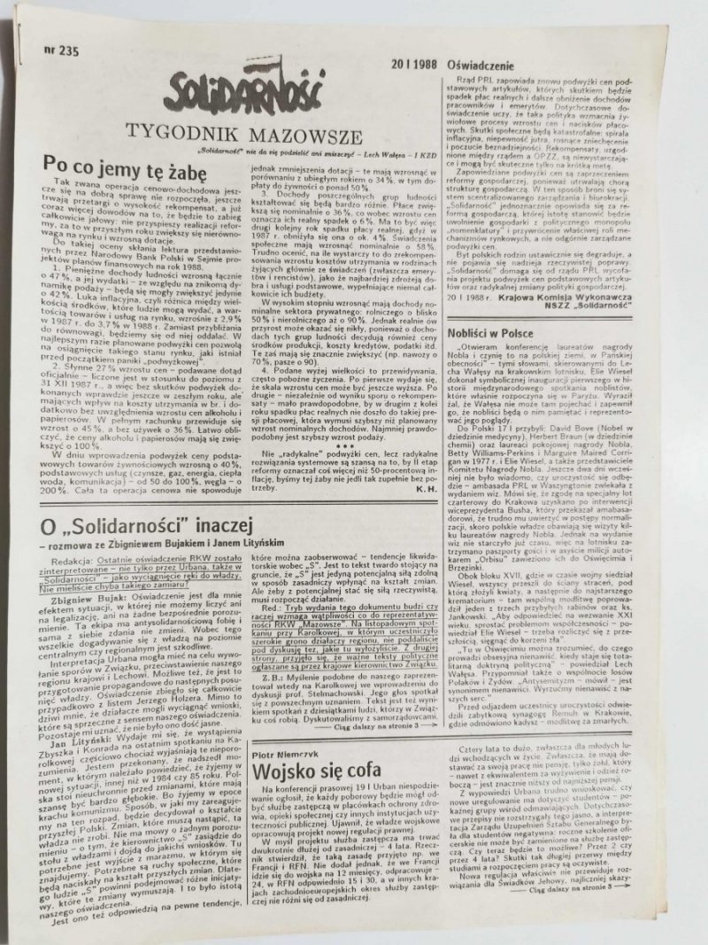 SOLIDARNOŚĆ TYGODNIK MAZOWSZE NR 235 20 I 1988 