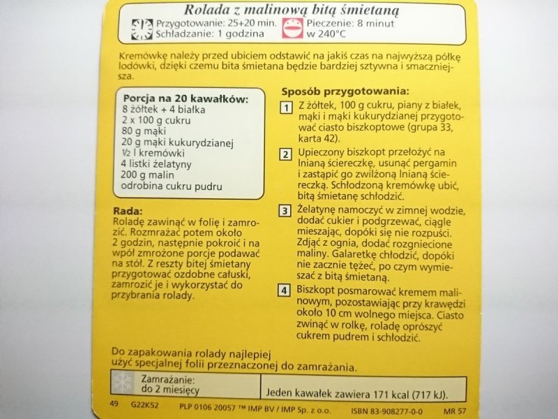 KARTA KULINARNA NR 52 ROLADA Z MALINOWĄ BITĄ