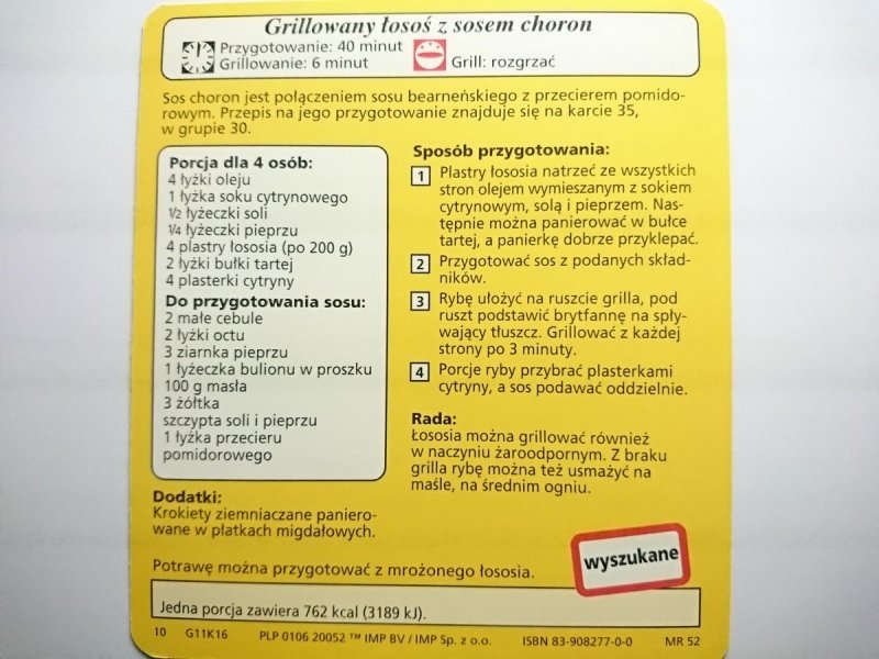 KARTA KULINARNA NR 16 GRILLOWAN ŁOSOŚ Z SOSEM