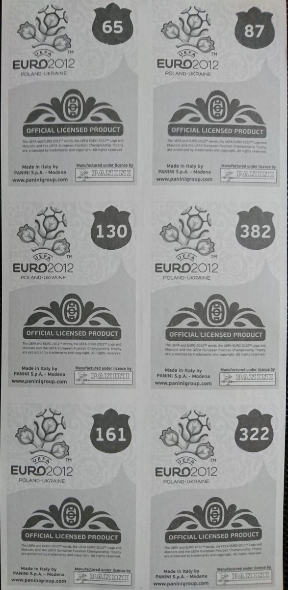 EURO 2012 NAKLEJKI NUMERY: 65 87 130 382 161 322