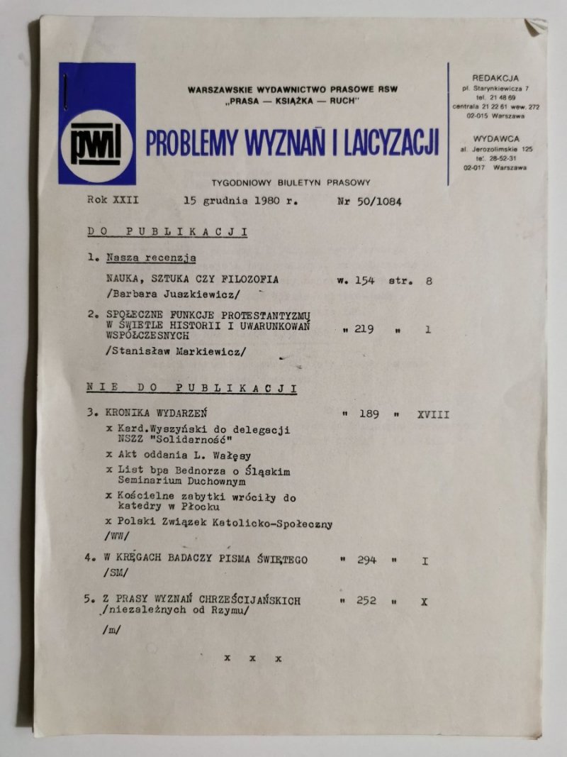 PROBLEMY WYZNAŃ I LAICYZACJI 15 GRUDNIA 1980r. Nr. 50/1084