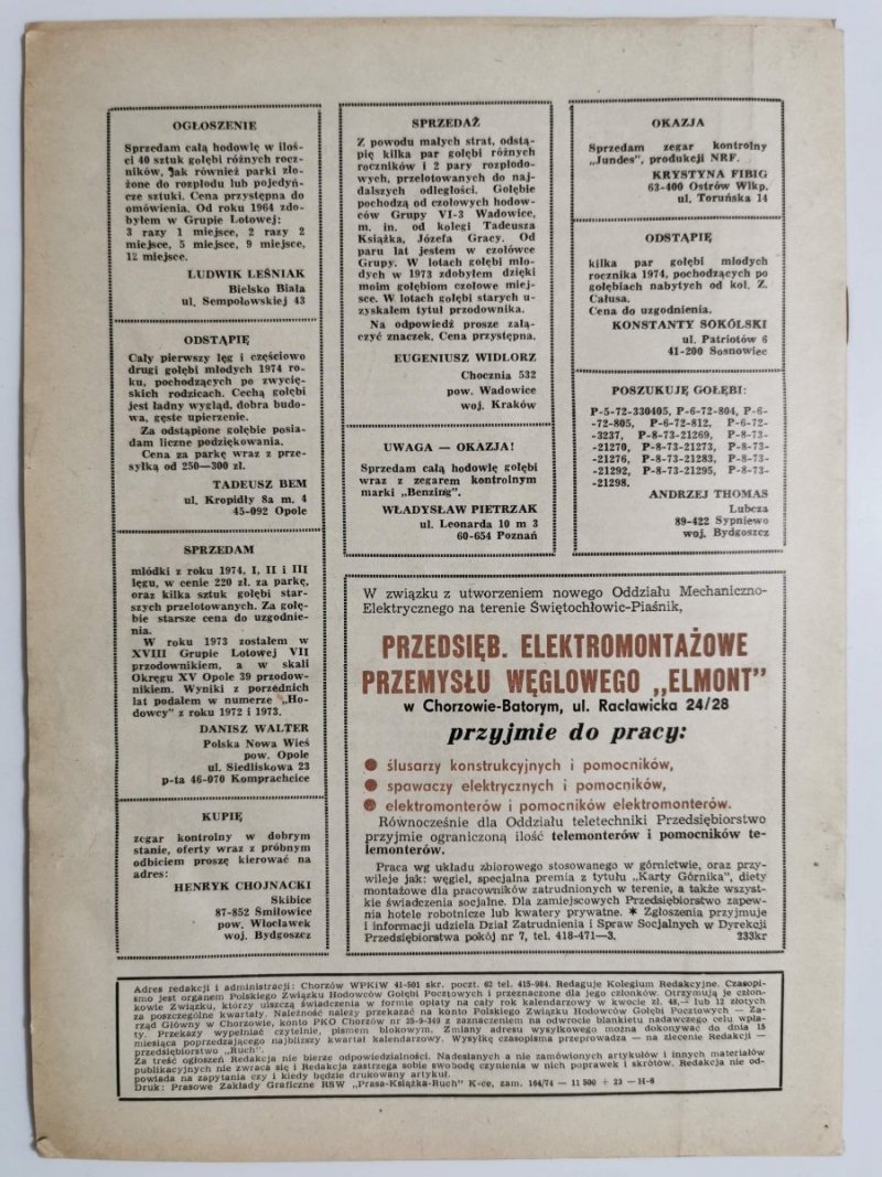 HODOWCA GOŁĘBI POCZTOWYCH NR 2 1974