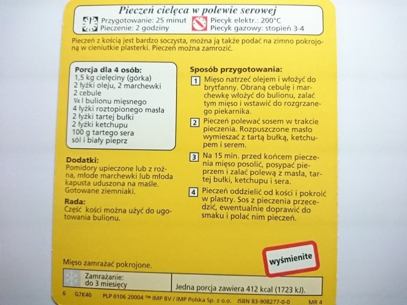 KARTA KULINARNA NR 40 PIECZEŃ CIELĘCA W POLEWIE