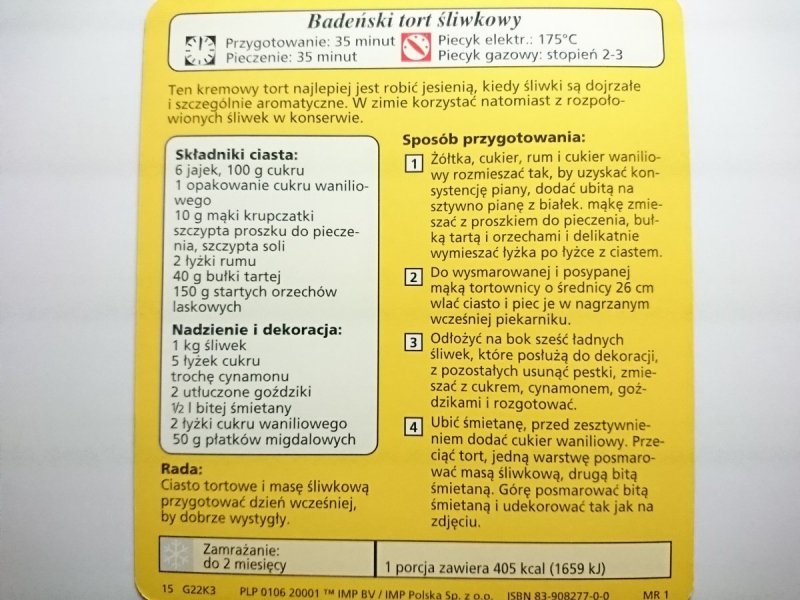 KARTA KULINARNA NR 3 BADEŃSKI TORT ŚLIWKOWY