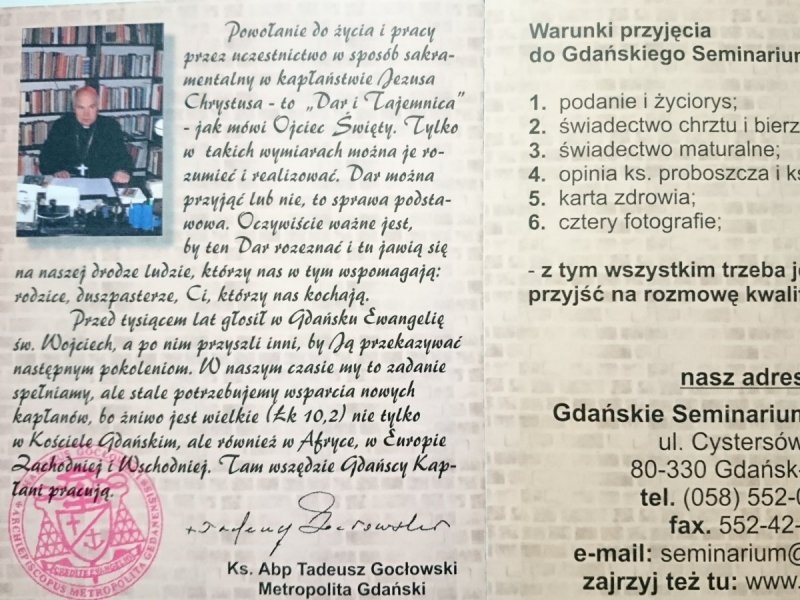 GDAŃSKIE SEMINARIUM DUCHOWNE. ULOTKA