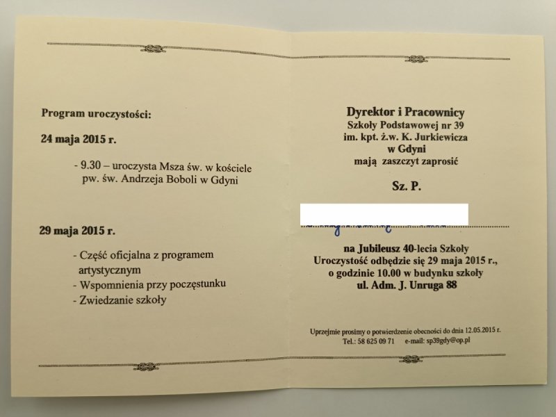 ZAPROSZENIE 40 LAT SZKOŁY PODSTAWOWEJ NR 39 W GDYNI