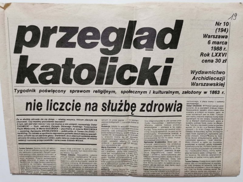 PRZEGLĄD KATOLICKI NR 10 (194) WARSZAWA 6 MARCA 1988 r. ROK LXXVI