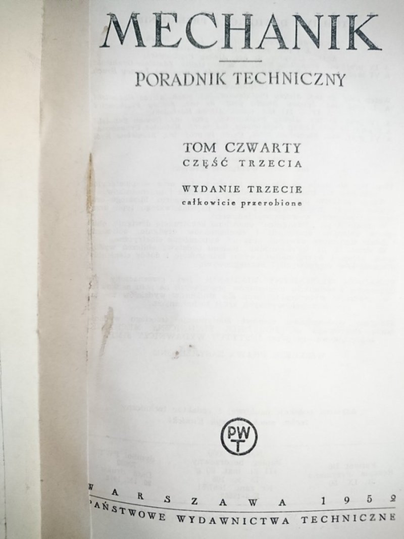PORADNIK TECHNICZNY MECHANIK TOM IV CZĘŚĆ III 1952