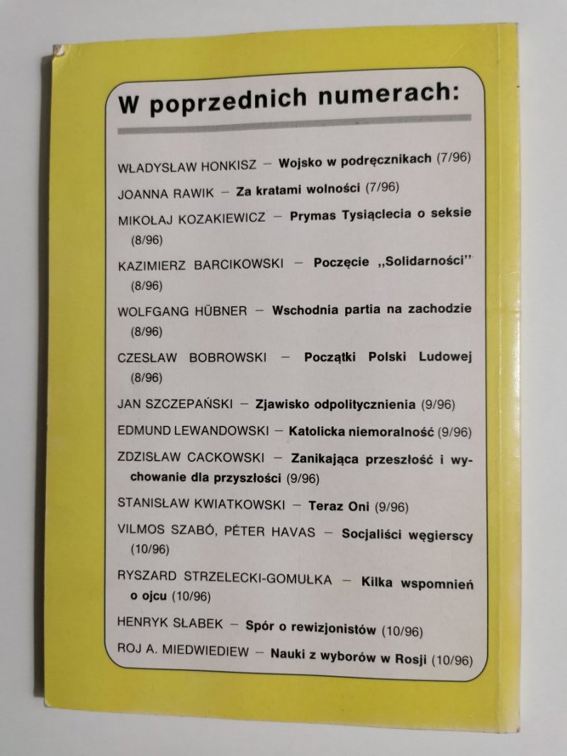 DZIŚ. PRZEGLĄD SPOŁECZNY. WARSZAWA ROK VII LISTOPAD '96 NR 11 (74)