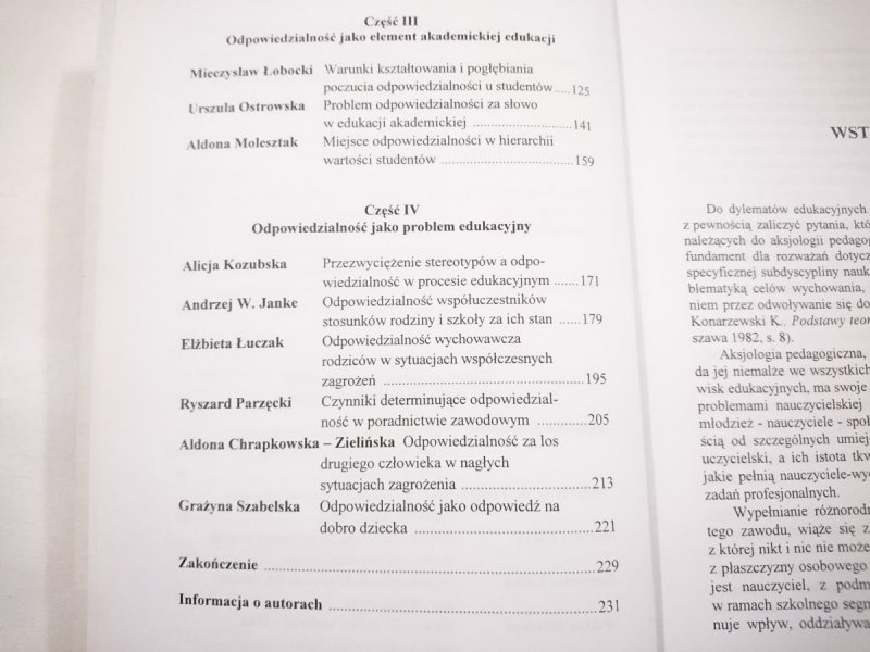 ODPOWIEDZIALNOŚĆ JAKO WARTOŚĆ I PROBLEM EDUKACYJNY
