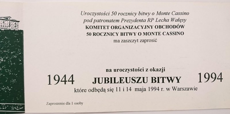 ZAPROSZENIE NA UROCZYSTOŚĆ Z OKAZJI JUBILEUSZU BITWY O MONTE CASSINO