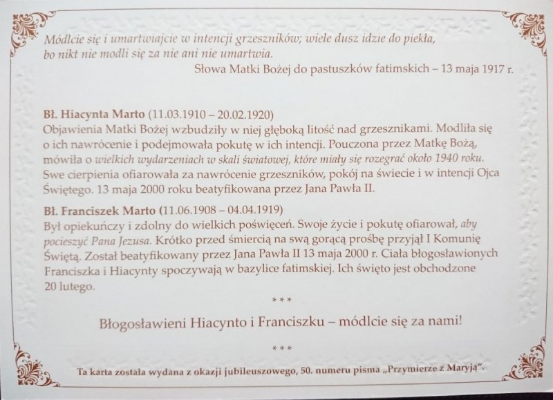 BŁOGOSŁAWIENI PASTUSZKOWIE. HIACYNA I FRANCISZEK MARTO