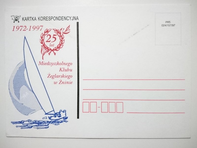 KARTKA KORESPONDENCYJNA 1972-1997 25 LAT MIĘDZYSZKOLNEGO KLUBU ŻEGLARSKIEGO W ŻNINIE