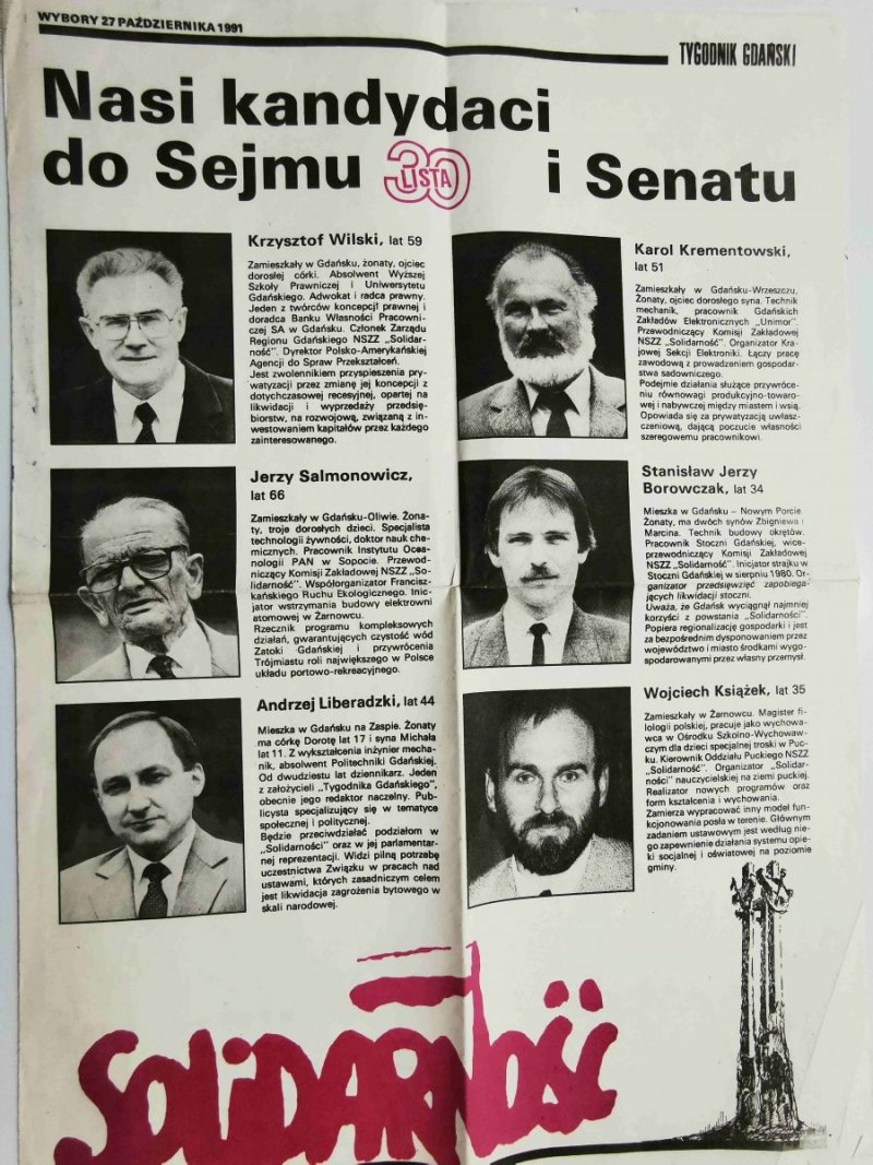 PLAKAT. WYBORY 27 PAŹDZIERNIKA 1991 TYGODNIK GDAŃSKI. NASI KANDYDACI DO SEJMU I SENATU 30 LISTA 
