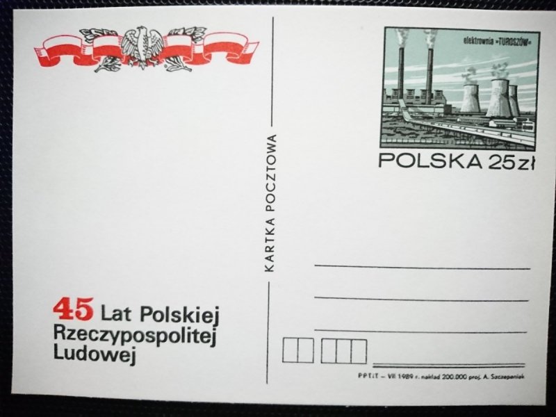 KARTKA POCZTOWA. 45 LAT POLSKIEJ RZECZYPOSPOLITEJ LUDOWEJ ELEKTROWNIA TUROSZÓW
