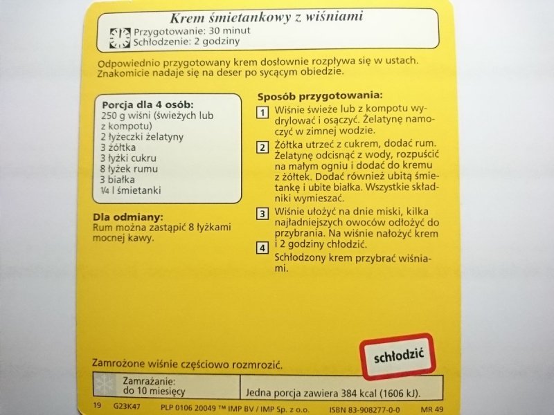 KARTA KULINARNA NR 47 KREM ŚMIETANKOWY Z WIŚNIAMI