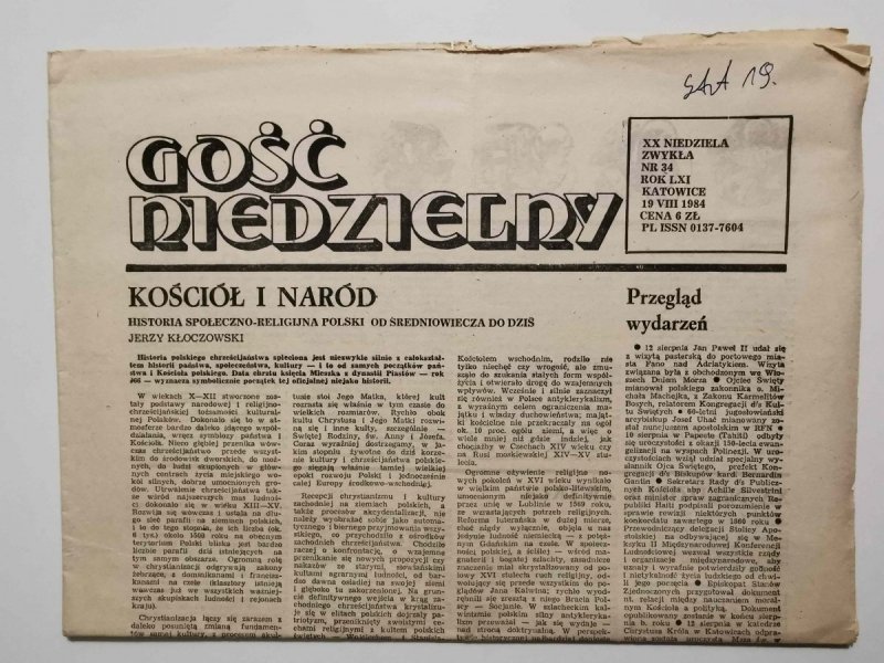 GOŚĆ NIEDZIELNY XX NIEDZIELA ZWYKŁA NR 34 ROK LXI KATOWICE 19 VIII 1984