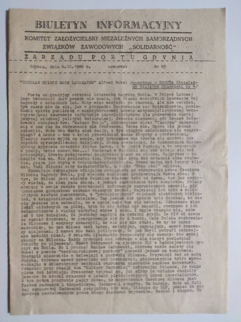 BIULETYN INFORMACYJNY ZARZĄDU PORTU GDYNIA NR 65 – 04.12.1980