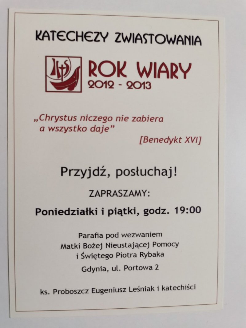 KARTA ULOTKA KATECHEZY ZWIASTOWANIA ROK WIARY 2012-2013