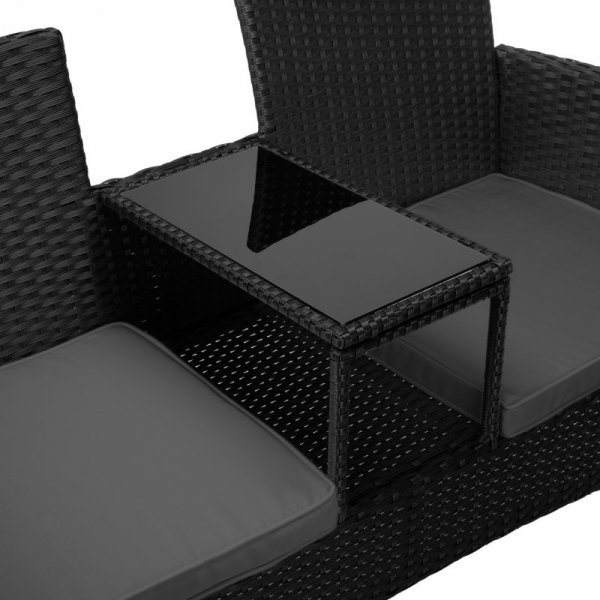 Ławka ogrodowa z technorattanu sofa CORDOBA czarna z szarymi poduszkami