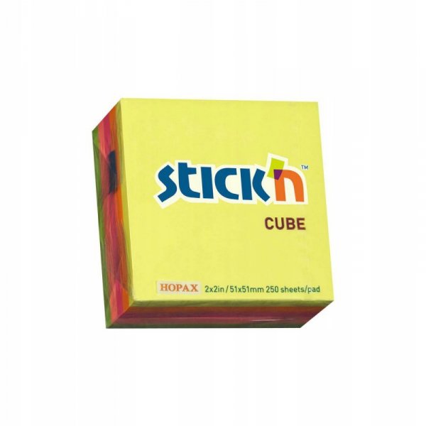 Bloczek samoprzylepny 51x51mm 250k mix 5 kolorów neonowych STICK&quot;N 21203
