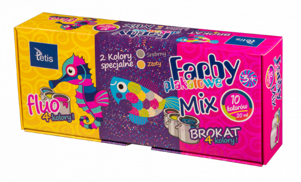 Farby plakatowe mix fluo/brokat 10ml. 10 kolorów KF004-C TETIS