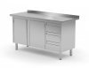 Stół przyścienny szafka z trzema szufladami i drzwiami na zawiasach - szuflady po prawej stronie 1300 x 700 x 850 mm POLGAST 137137-P 137137-P