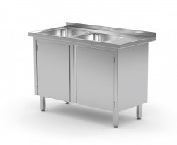 Stół z dwoma zlewami, szafka z drzwiami na zawiasach - komory po lewej stronie 1200 x 700 x 850 mm POLGAST 228127-L 228127-L