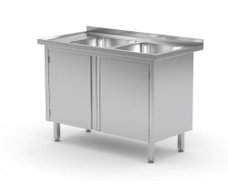 Stół z dwoma zlewami, szafka z drzwiami na zawiasach - komory po prawej stronie 1100 x 700 x 850 mm POLGAST 228117-P 228117-P