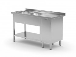 Stół z dwoma zlewami, półką i szafką z drzwiami na zawiasach - komory po lewej stronie 1500 x 600 x 850 mm POLGAST 226156-L 226156-L
