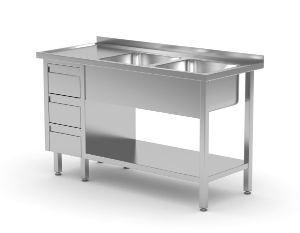 Stół z dwoma zlewami, półką i szafką z trzema szufladami - komory po prawej stronie 1500 x 700 x 850 mm POLGAST 225157-3-P 225157-3-P