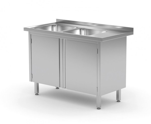 Stół z dwoma zlewami, szafka z drzwiami na zawiasach - komory po lewej stronie 1200 x 700 x 850 mm POLGAST 228127-L 228127-L