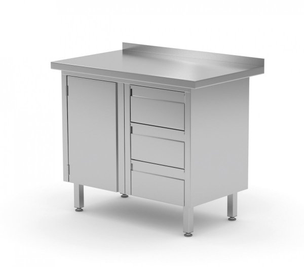 Stół przyścienny szafka z trzema szufladami i drzwiami na zawiasach - szuflady po prawej stronie 1000 x 600 x 850 mm POLGAST 136106-3-P 136106-3-P
