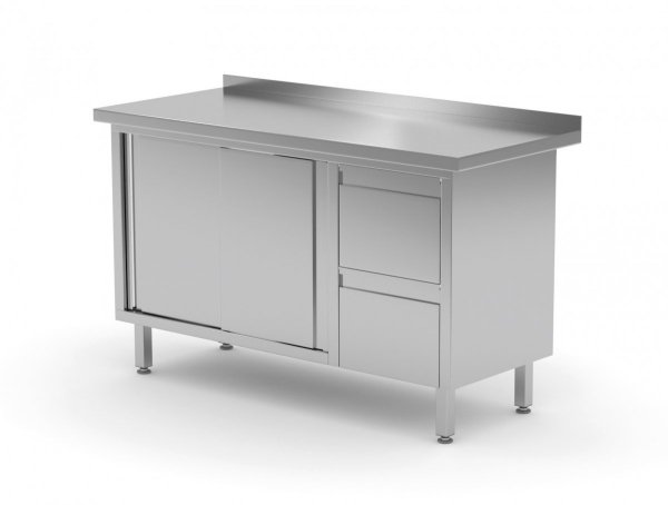 Stół przyścienny szafka z dwiema szufladami i drzwiami suwanymi - szuflady po prawej stronie 1200 x 700 x 850 mm POLGAST 130127-P 130127-P