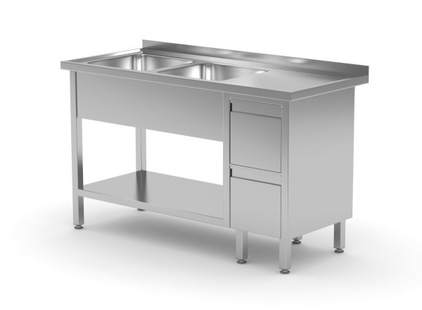 Stół z dwoma zlewami, półką i szafką z dwiema szufladami - komory po lewej stronie 1800 x 700 x 850 mm POLGAST 225187-L 225187-L