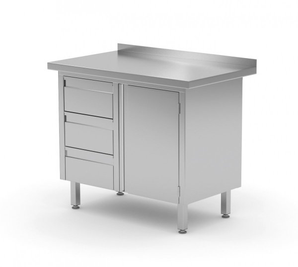Stół przyścienny szafka z trzema szufladami i drzwiami na zawiasach - szuflady po lewej stronie 1000 x 700 x 850 mm POLGAST 136107-3-L 136107-3-L