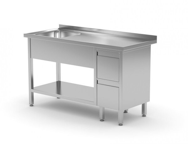 Stół ze zlewem, półką i szafką z dwiema szufladami - komora po lewej stronie 1400 x 600 x 850 mm POLGAST 215146-L 215146-L