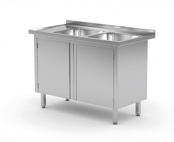 Stół z dwoma zlewami, szafka z drzwiami na zawiasach - komory po prawej stronie 1300 x 700 x 850 mm POLGAST 228137-P 228137-P