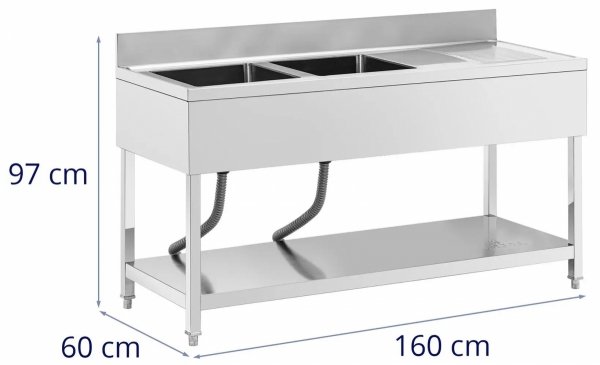 Stół ze zlewem - dwukomorowy - stal nierdzewna - 160 x 60 x 97 cm - Royal Catering 10013159 RCGS-2B1600D6