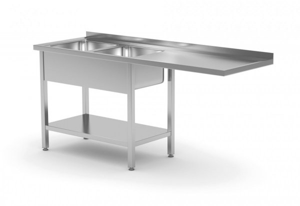 Stół z dwoma zlewami, półką i miejscem na zmywarkę lub lodówkę - komory po lewej stronie 2300 x 700 x 850 mm POLGAST 241237-L 241237-L