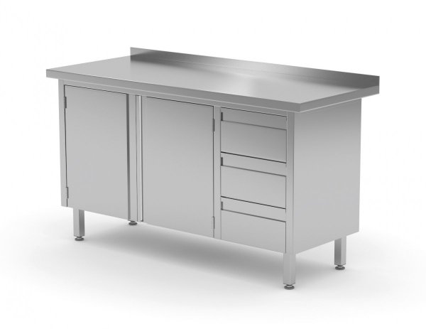 Stół przyścienny szafka z trzema szufladami i drzwiami na zawiasach - szuflady po prawej stronie 1300 x 600 x 850 mm POLGAST 137136-P 137136-P