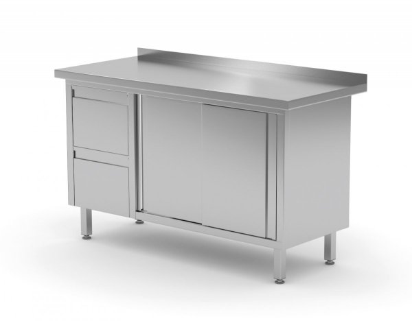 Stół przyścienny szafka z dwiema szufladami i drzwiami suwanymi - szuflady po lewej stronie 1400 x 700 x 850 mm POLGAST 130147-L 130147-L